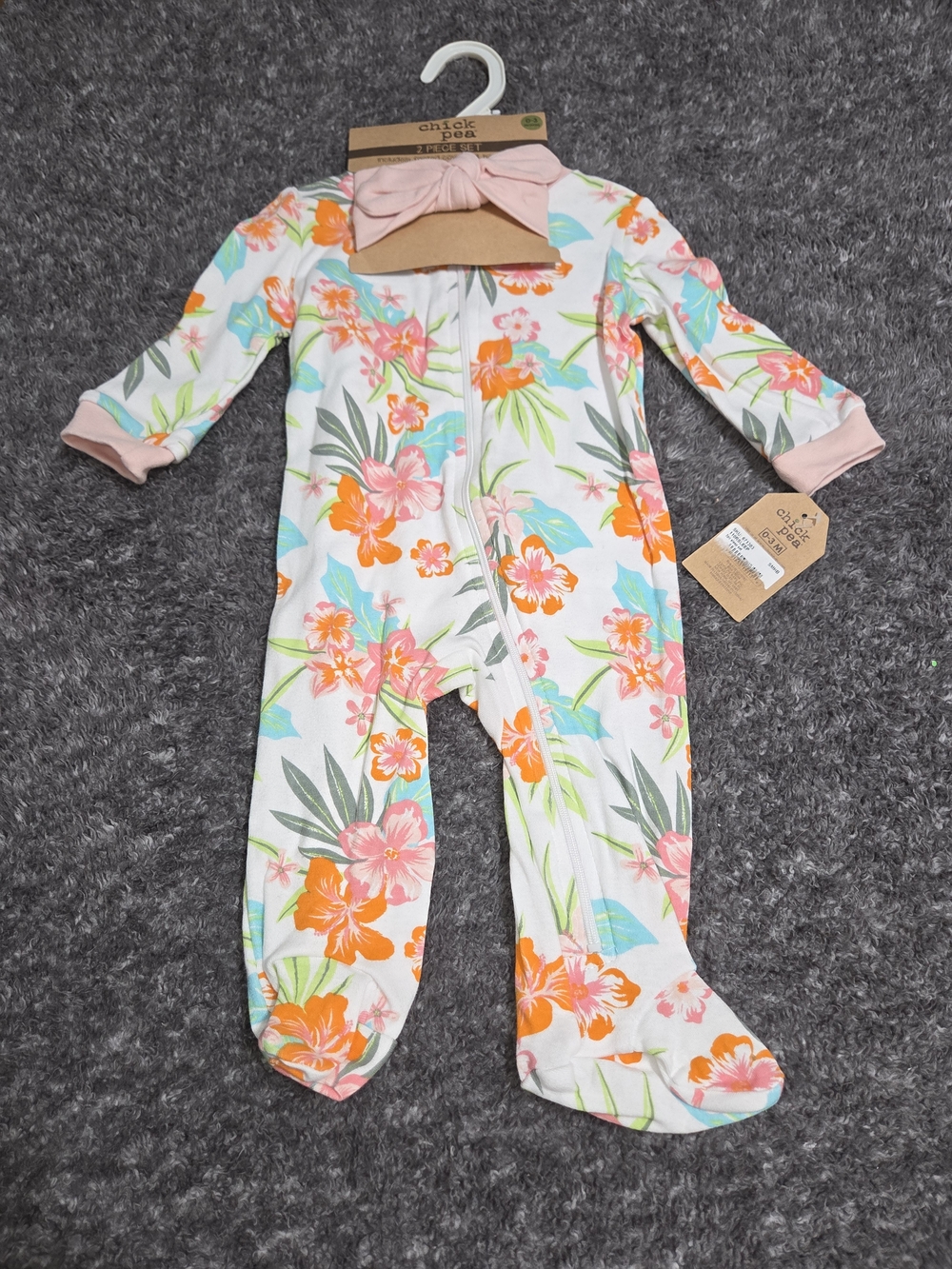 chick pea Floral Footed Sleeper Set in White, Pink, Orange Matching Headband